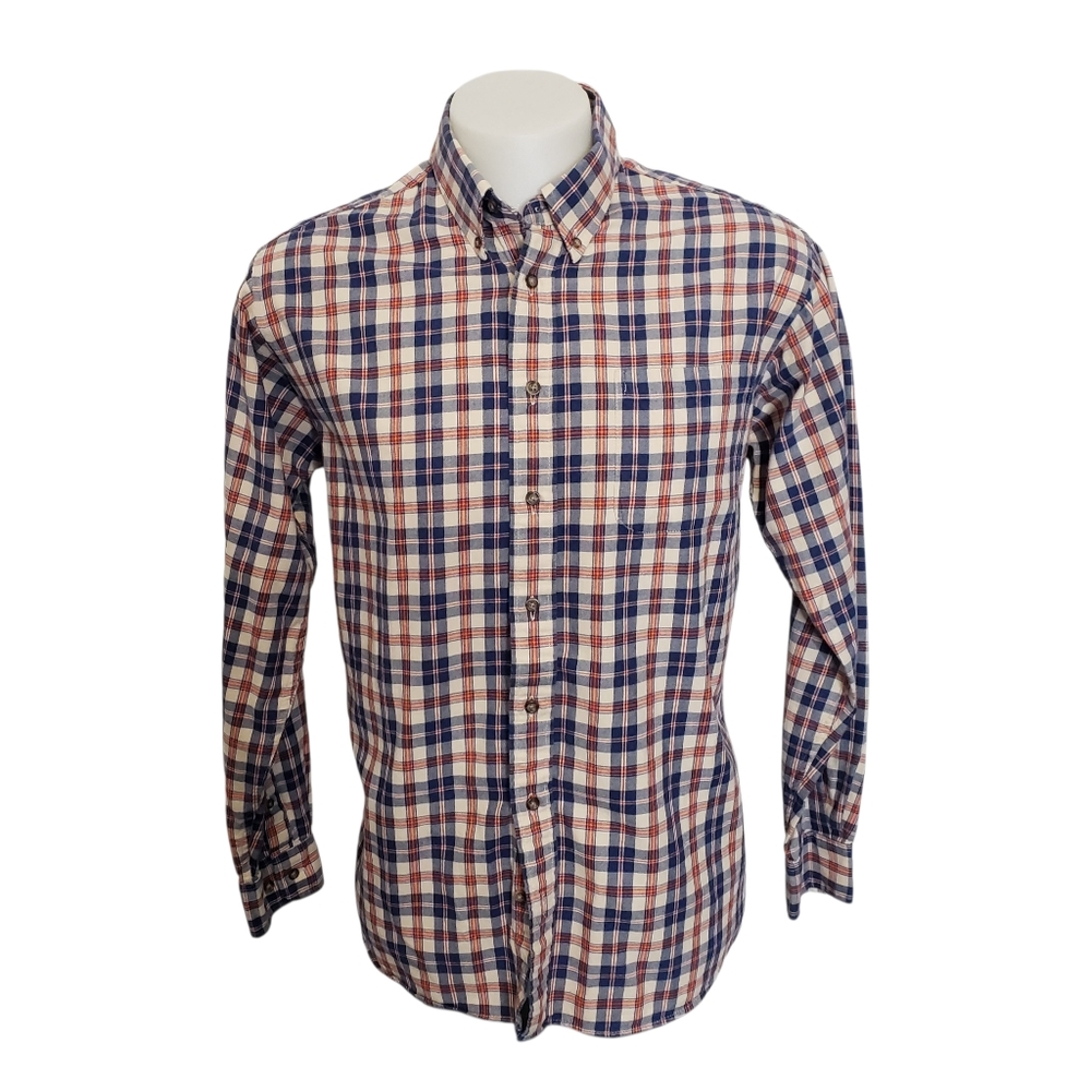 Viyella Sport Flannel Shirt Navy Tan & Red PlaidCotton/Wool Men's Size Large
